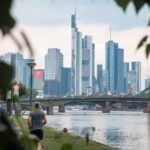 View of Frankfurt's modern skyline and financial district from the banks of the River Main in Germany.