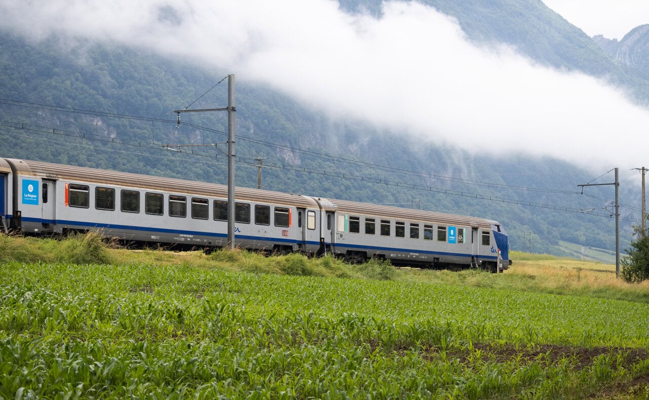 Regional train travelling through the French Alps