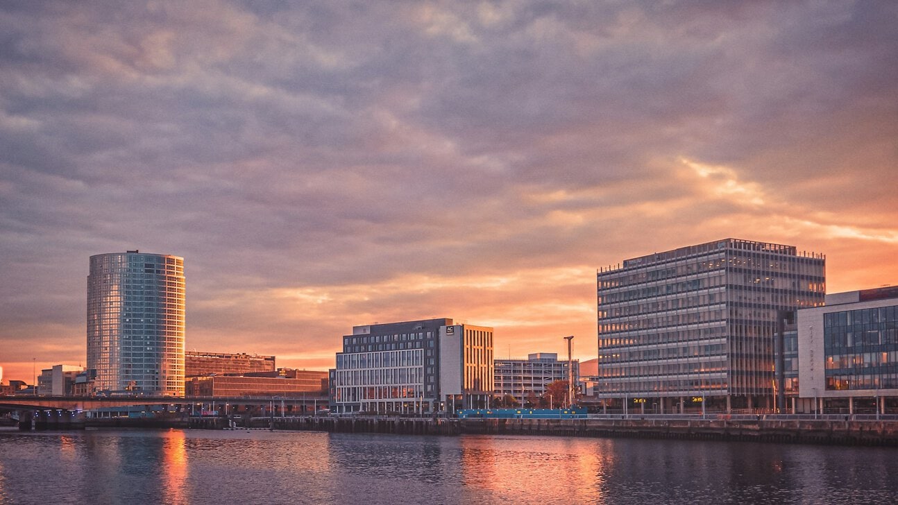 Belfast city skyline viewed across the River Lagan