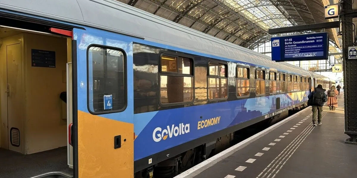 GoVolta Economy Class train waiting at Amsterdam Centraal station before departure to Berlin