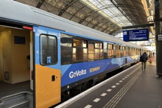 GoVolta Economy Class train waiting at Amsterdam Centraal station before departure to Berlin