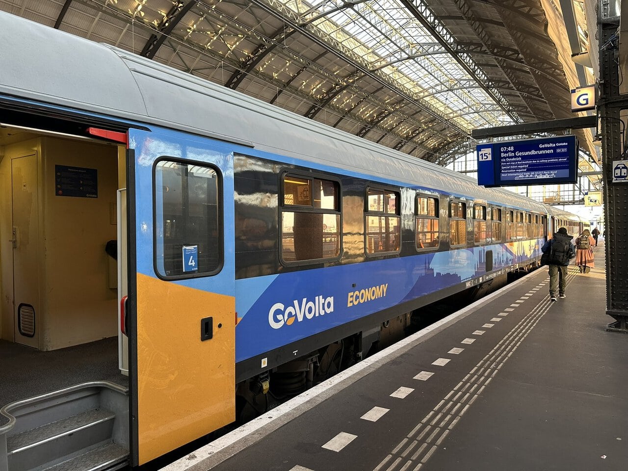GoVolta Economy Class train waiting at Amsterdam Centraal station before departure to Berlin