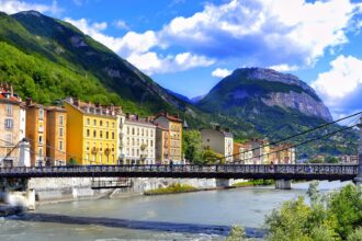 Grenoble city centre with Alpine mountains in the background