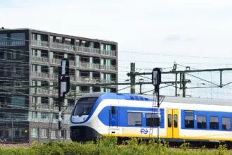 NS train travelling through the Netherlands for the Holland Travel Ticket Guide
