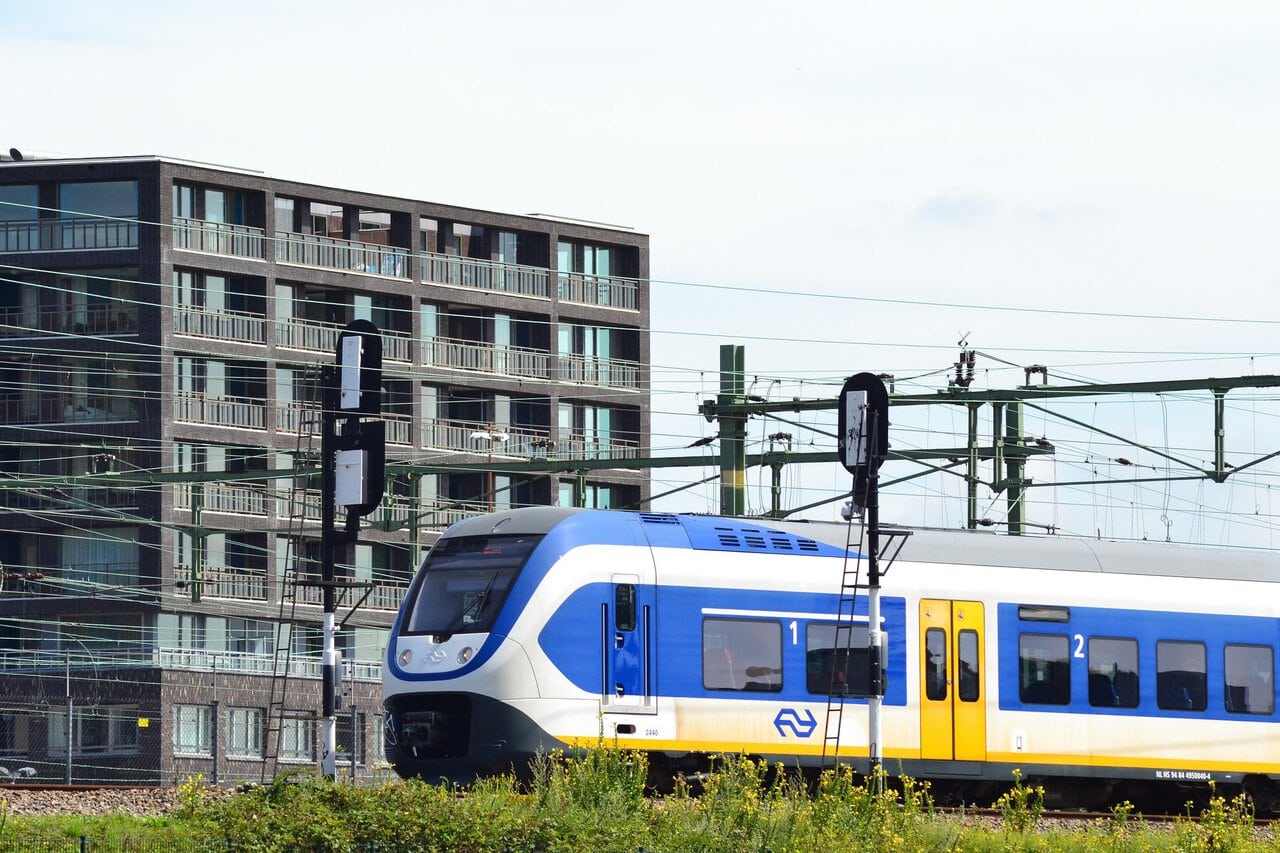 NS train travelling through the Netherlands for the Holland Travel Ticket Guide