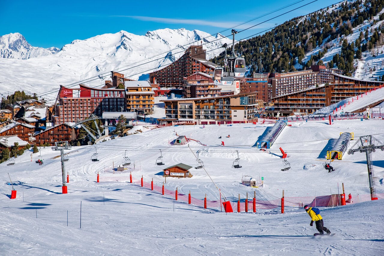 Ski lifts and slopes in the Paradiski area near Landry
