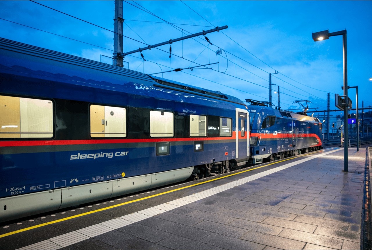 ÖBB Nightjet sleeper train waiting at Innsbruck Hauptbahnhof during the evening.