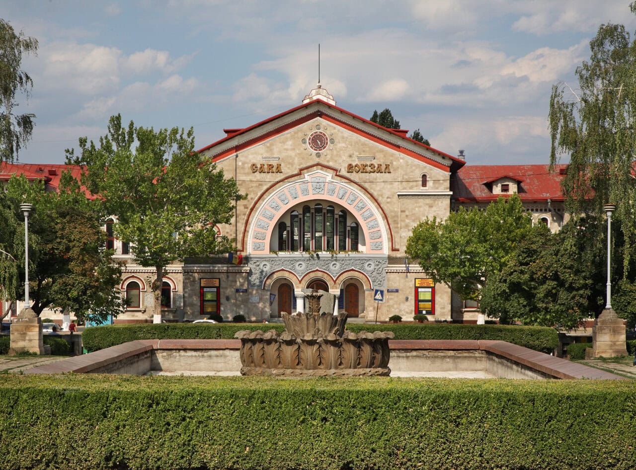 Chișinău Railway Station in Moldova, the main rail hub for international trains to Bucharest and Kyiv.