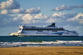 Irish Ferries cruise ferry sailing off the coast near Pembroke Dock, serving routes between Wales and Ireland.