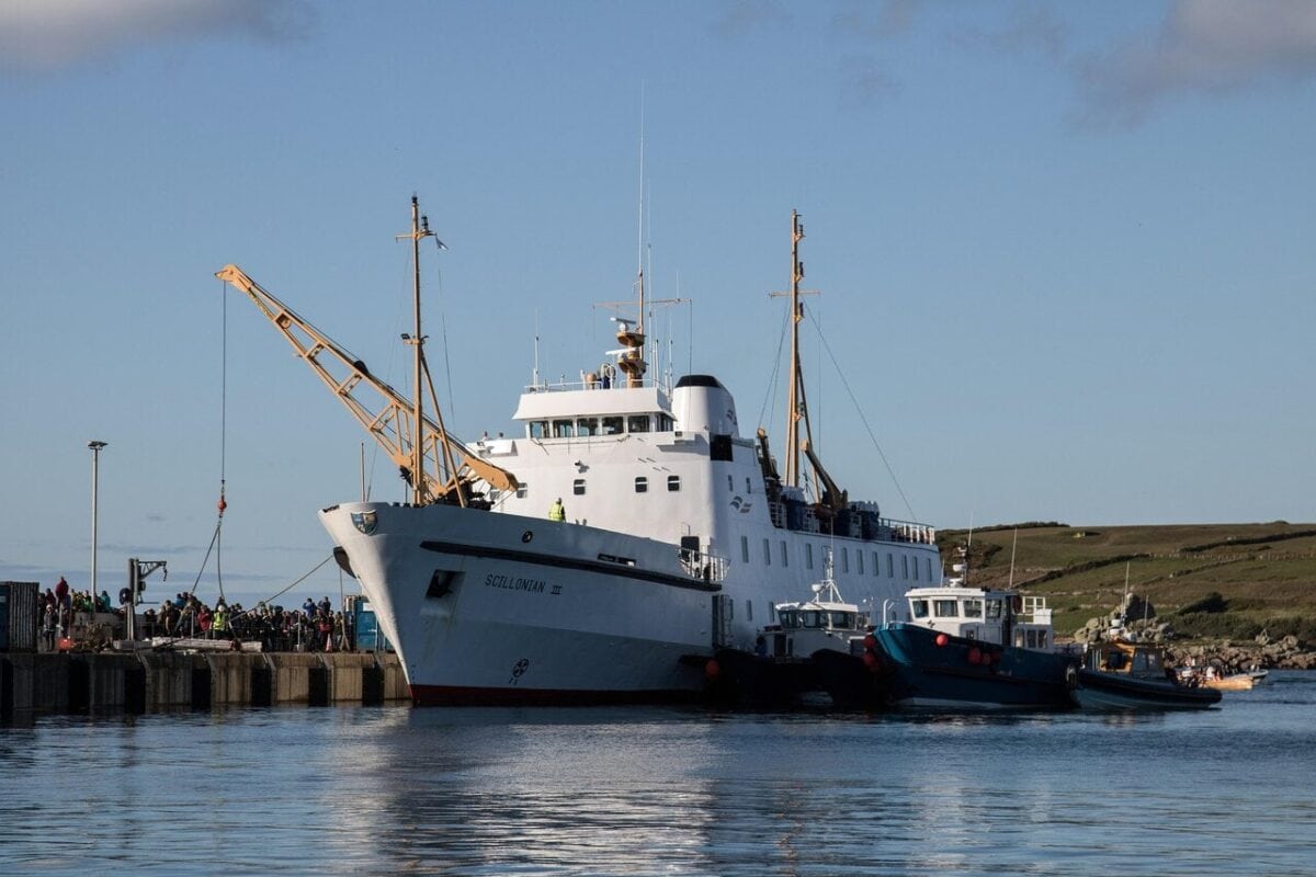 Scillonian III passenger ferry berthed at St Mary's Harbour in the Isles of Scilly after arriving from Penzance.