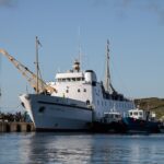 Scillonian III passenger ferry berthed at St Mary's Harbour in the Isles of Scilly after arriving from Penzance.