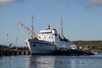 Scillonian III passenger ferry berthed at St Mary's Harbour in the Isles of Scilly after arriving from Penzance.