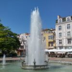 Fountain and historic buildings in central Plovdiv, Bulgaria.