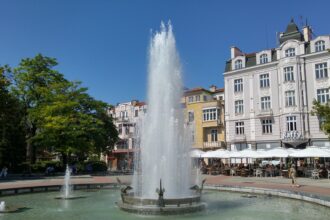 Fountain and historic buildings in central Plovdiv, Bulgaria.
