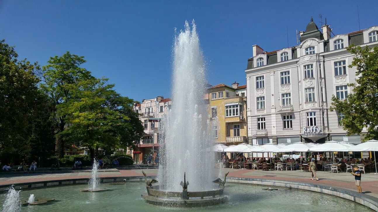 Fountain and historic buildings in central Plovdiv, Bulgaria.