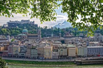 Panoramic view of Salzburg with Hohensalzburg Fortress overlooking the historic city centre.