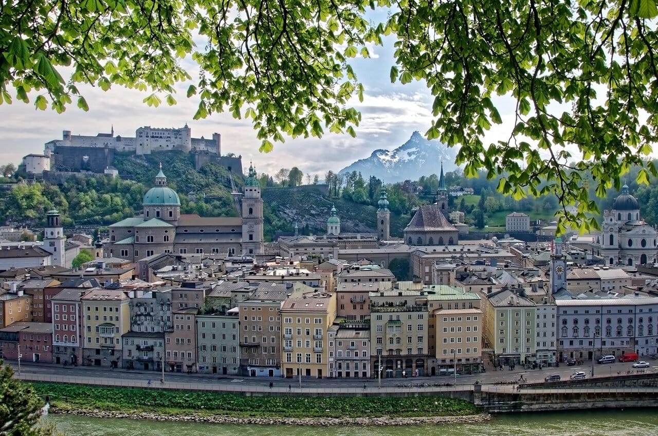 Panoramic view of Salzburg with Hohensalzburg Fortress overlooking the historic city centre.