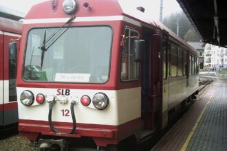 Regional train at Zell am See station, one of the key gateways to Salzburg's ski resorts.