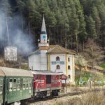 Septemvri to Dobrinishte narrow-gauge train passing through a mountain village in Bulgaria