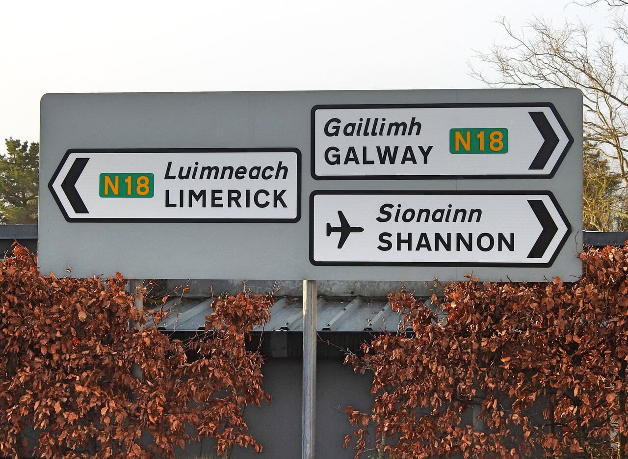 Road signs directing traffic towards Shannon Airport, Galway and Limerick