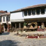 Historic buildings and cobbled streets in Plovdiv Old Town, Bulgaria.