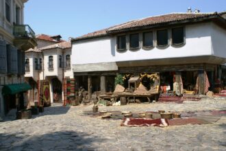 Historic buildings and cobbled streets in Plovdiv Old Town, Bulgaria.