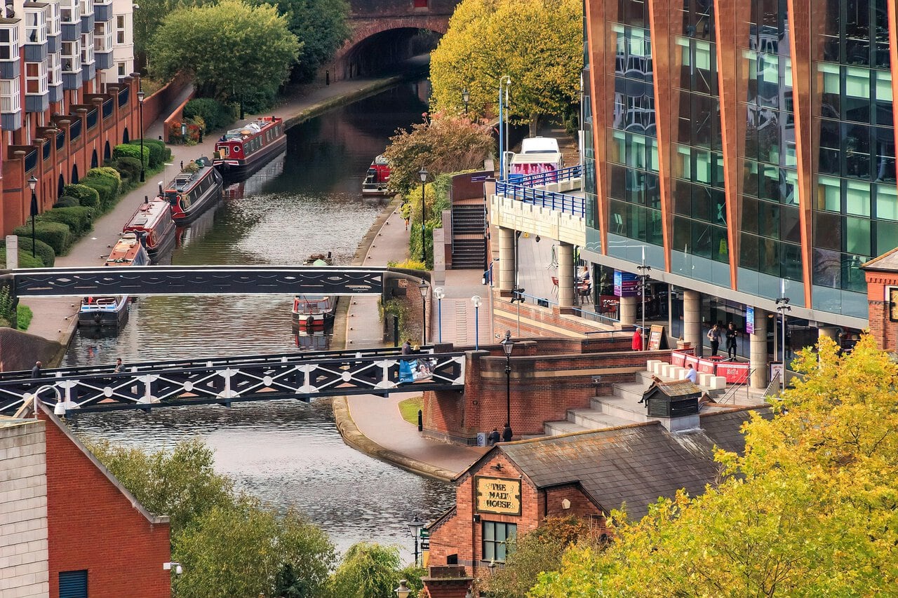 Historic Birmingham canals at Brindleyplace with narrowboats, bridges, waterside buildings and canal-side walkways.