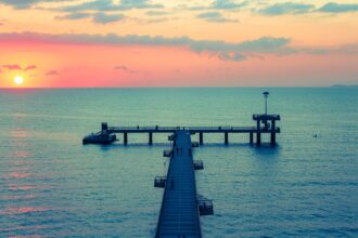 Burgas Pier extending into the Black Sea at sunset