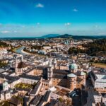 Panoramic aerial view of Salzburg Old Town, Salzburg Cathedral and the Salzach River in Austria.