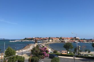 View of Nessebar Old Town connected to the mainland by a narrow causeway.