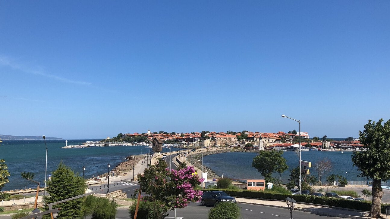 View of Nessebar Old Town connected to the mainland by a narrow causeway.