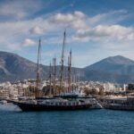 Luxury sailing yachts moored at a marina near Athens, a popular departure point for day cruises to the Greek Islands.