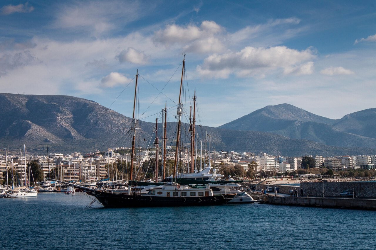Luxury sailing yachts moored at a marina near Athens, a popular departure point for day cruises to the Greek Islands.