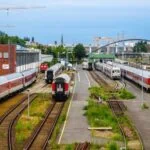 International passenger trains at a major European railway station
