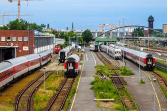 International passenger trains at a major European railway station