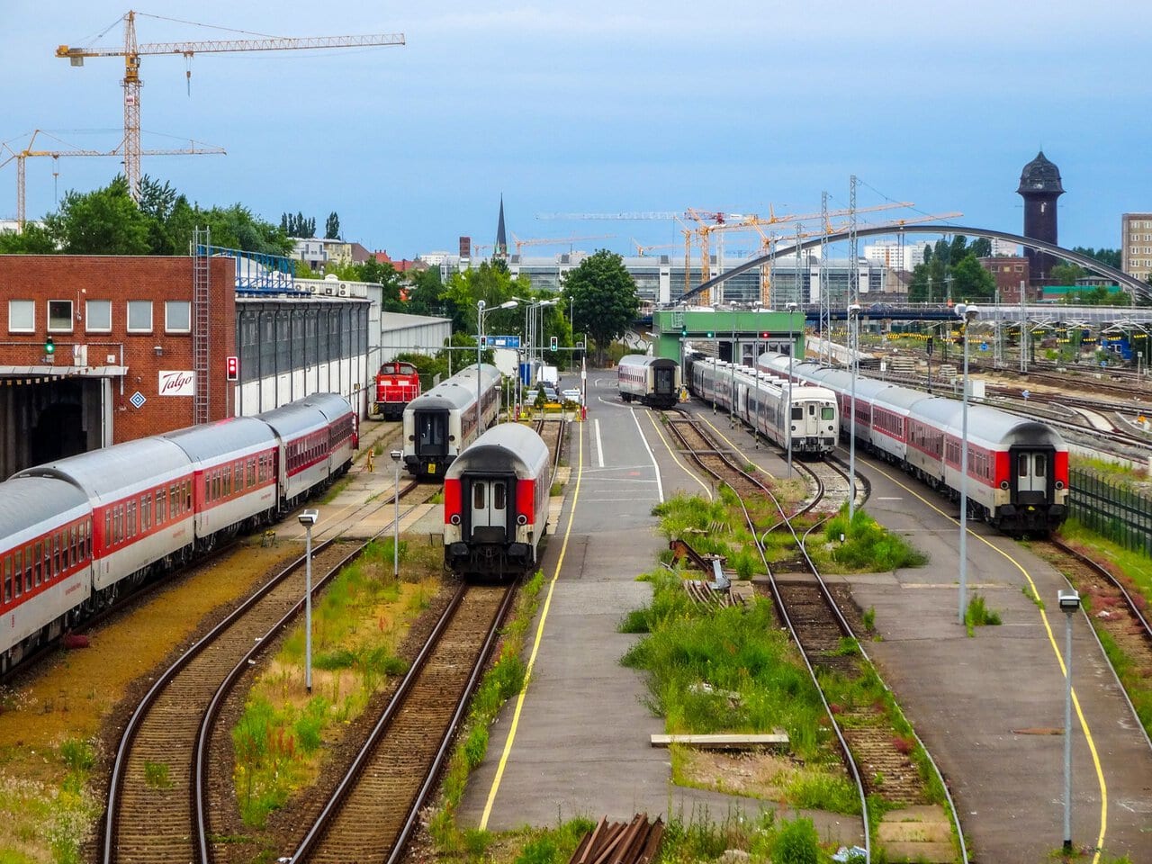 International passenger trains at a major European railway station