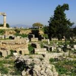 The ancient Temple of Apollo and archaeological ruins at Corinth near Athens.