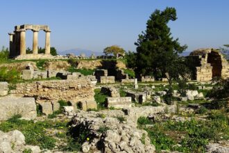 The ancient Temple of Apollo and archaeological ruins at Corinth near Athens.