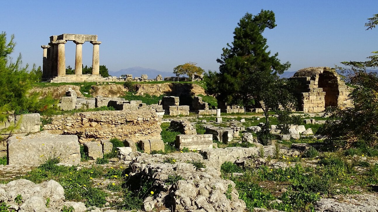 The ancient Temple of Apollo and archaeological ruins at Corinth near Athens.