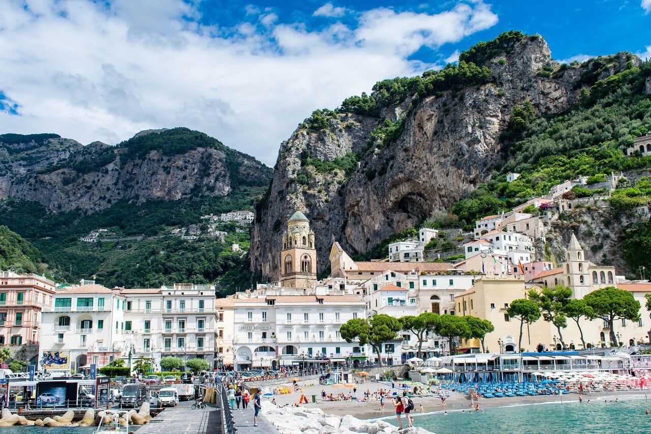 Amalfi waterfront and dramatic cliffs on the Amalfi Coast