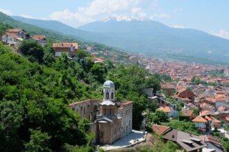 Historic church overlooking Prizren with the Šar Mountains in the background