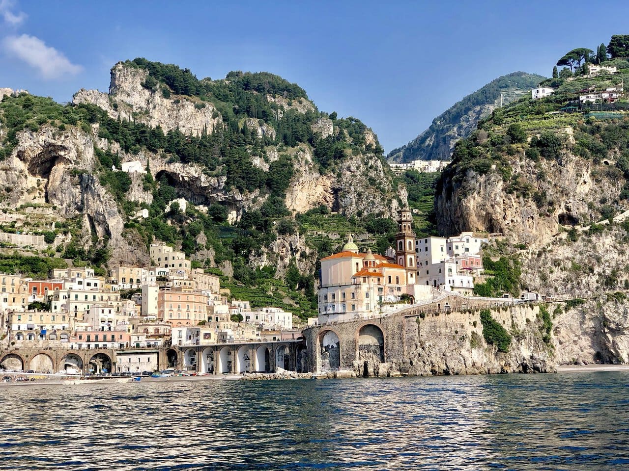 Amalfi Coast village viewed from the sea during a day trip from Sorrento