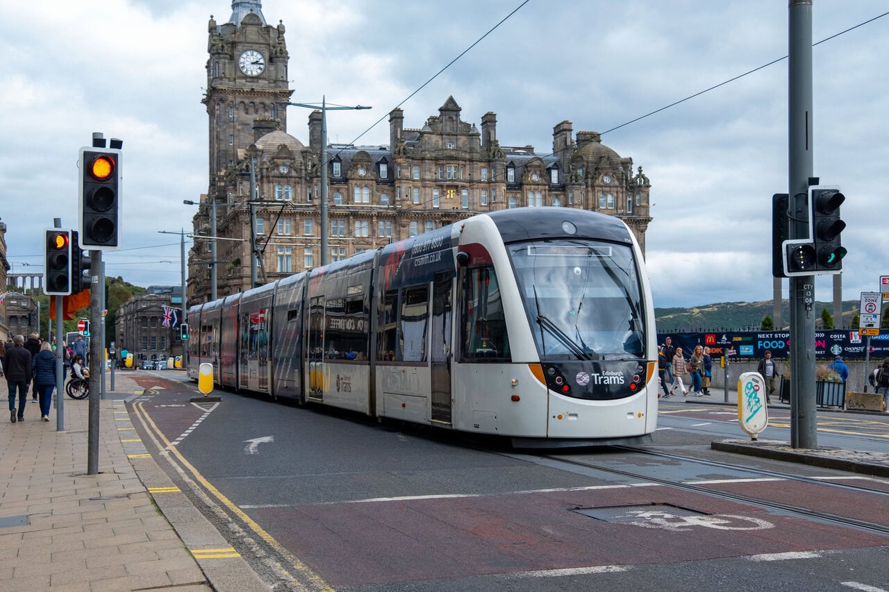 Edinburgh Trams in the city centre near Waverley and Princes Street