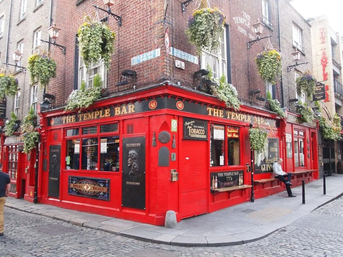 Temple Bar district in Dublin during the evening.