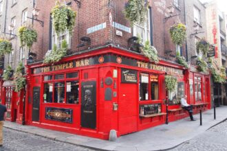 Temple Bar district in Dublin during the evening.