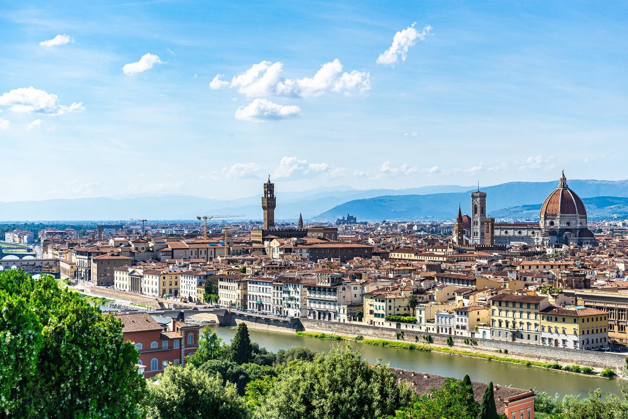 Panoramic skyline of Florence with Florence Cathedral and the River Arno