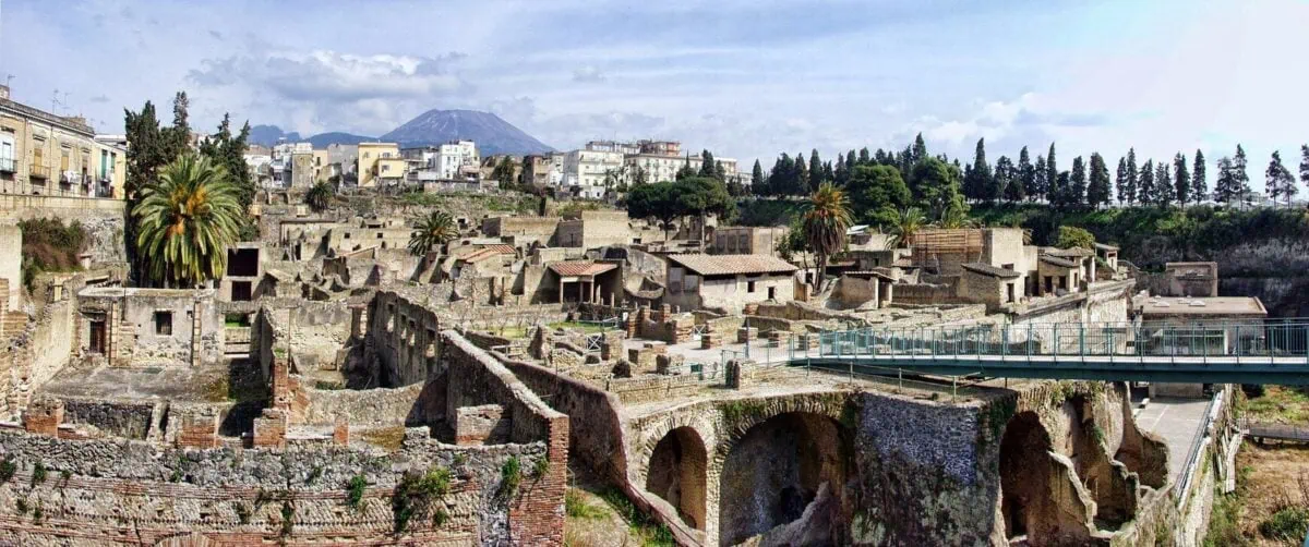 Ancient ruins of Herculaneum with Mount Vesuvius behind