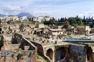 Ancient ruins of Herculaneum with Mount Vesuvius behind
