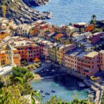 Colourful buildings overlooking Vernazza harbour in Cinque Terre on the Ligurian coast of Italy.