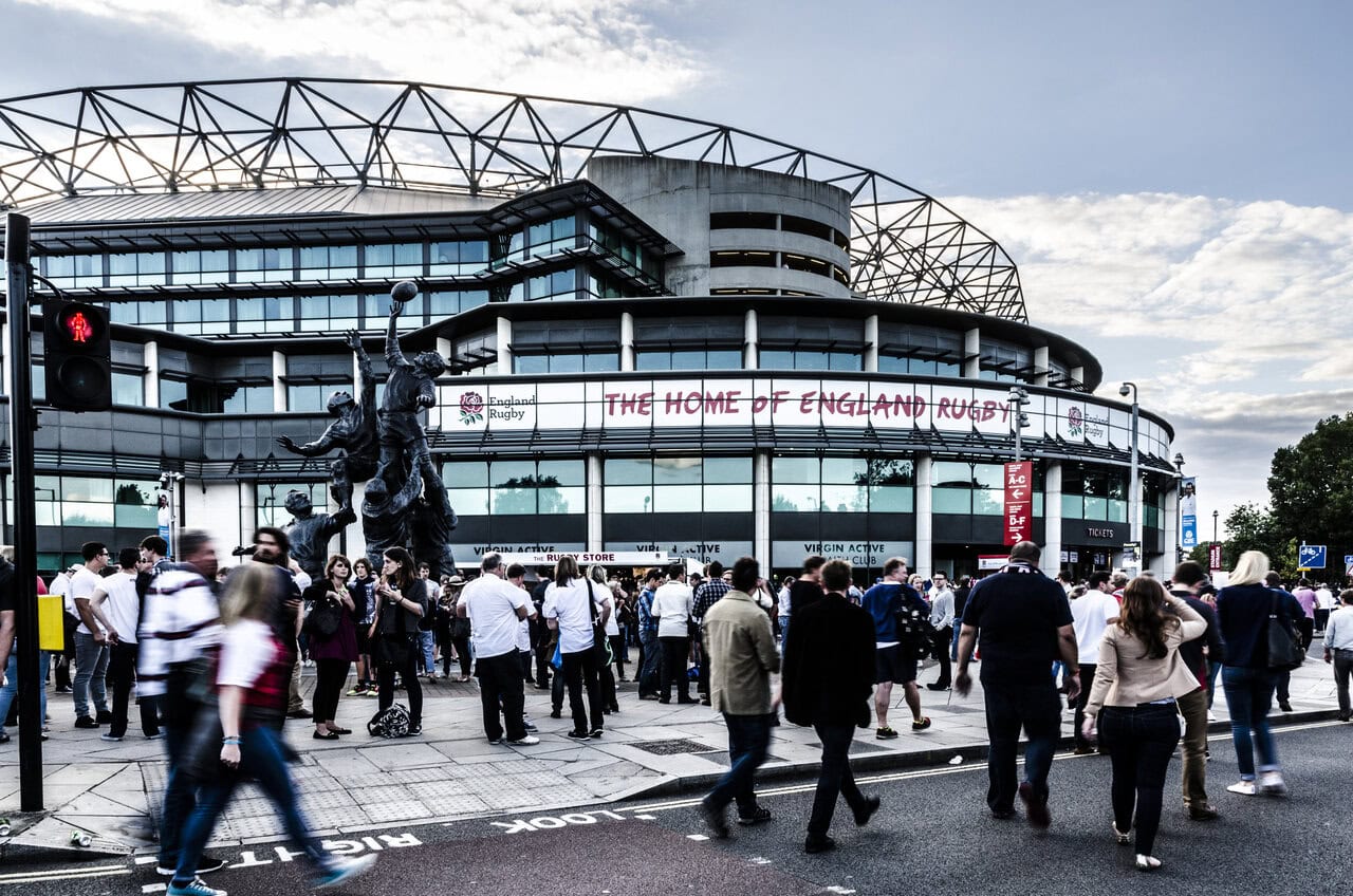 Twickenham Stadium exterior with rugby supporters arriving before an England rugby match